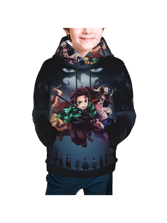 Demon Ta-njiro Slay-er Kids Hoodie 3D Print Pullover Hooded Long Sleeve Sweatshirts Tops Blouse with Pocket for Boys Girls