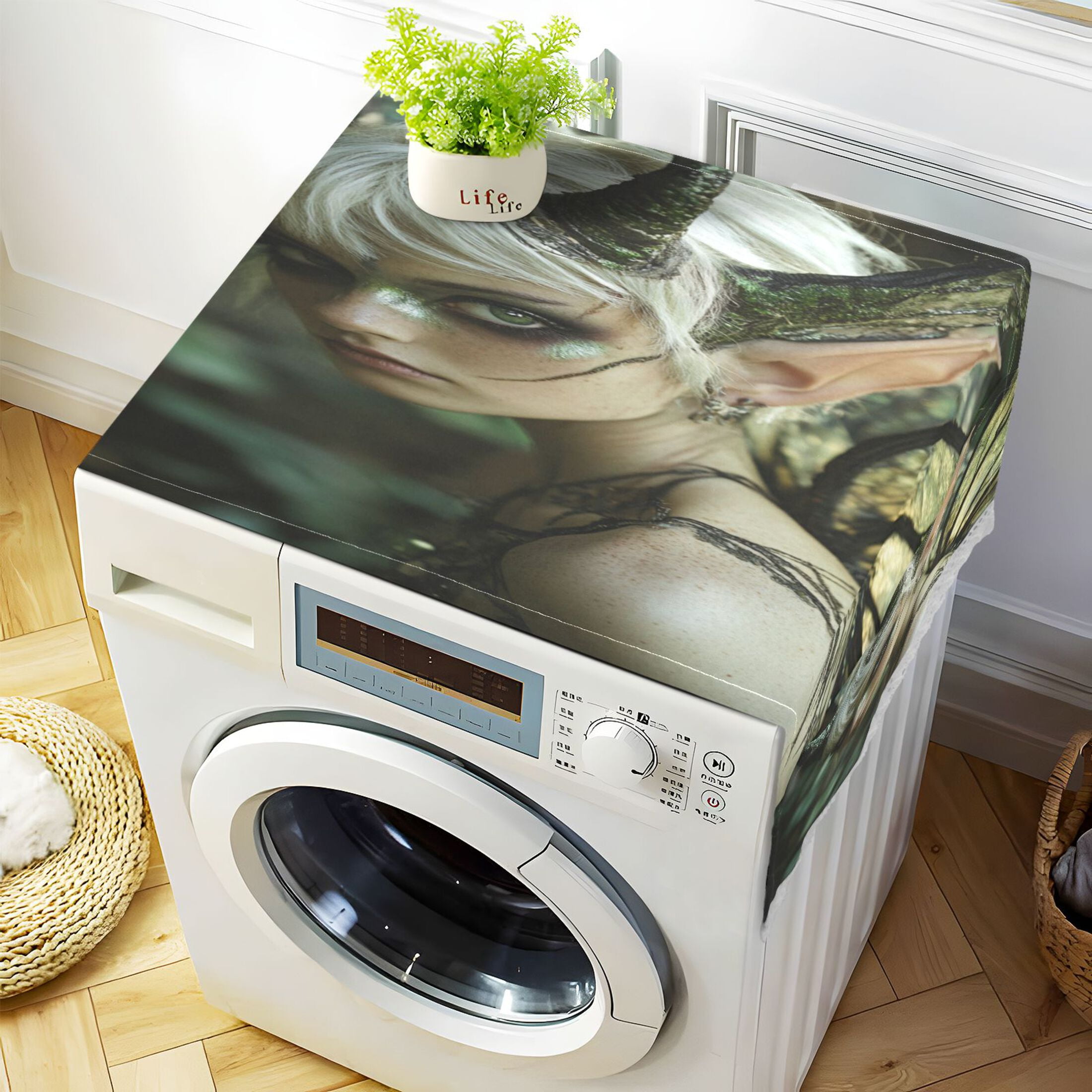 Demon Tinkerbell ElfWasher and Dryer Covers Dust-Proof and Oil Resistant Fridge Cover with 4 Storage Pockets Washing Machine Top Cover for Laundry Kitchen Home 51.2 x 22 In