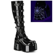 Demonia CAMEL-223 Womens 5 Block Heel Open Front Knee High Platform Boot with Spider Web Buckle Strap