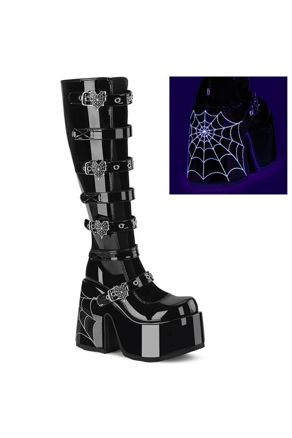 CAMEL-223 Women's 5" Block Heel Open Front Knee High Platform Boot with Spider Web Buckle Strap