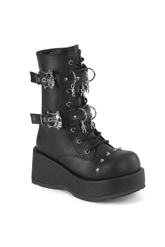 CUBBY-54 Women's 2 3/4" Lace-Up Front Platform Ankle Boot with Double Skull Buckles & Hanging Tooth Charm on Straps