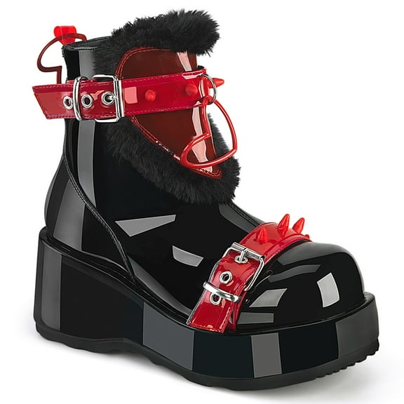 Demonia CUBBY-57 Women's 2 3/4" Platform Black & Red Ankle Boots with Fur Detail