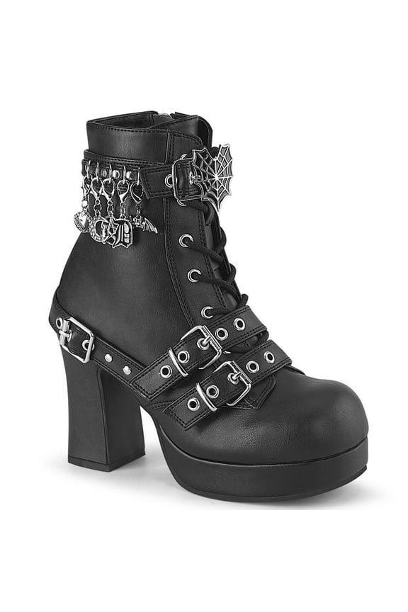 GOTHIKA-66 Women's 3 3/4" Heel Platform Lace-Up Front Mid-Calf Boots with Spider Web Buckle & Charms