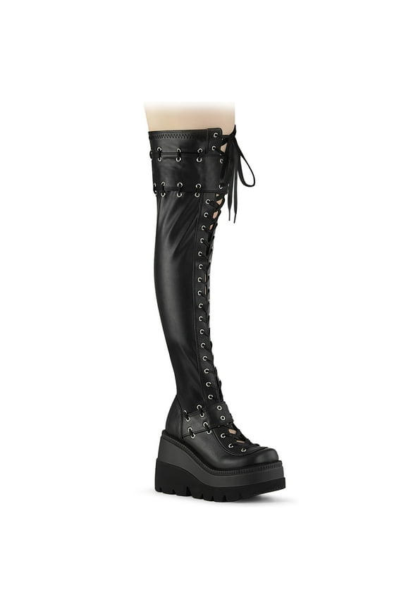 SHAKER-325 4 1/2" Women's Wedge Platform Front Open Lace-Up Stretch Thigh High Boots
