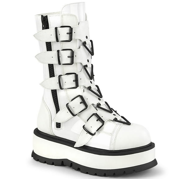 Demonia SLACKER-160 2" Women's Platform Lace-Up Front Mid-Calf Boots with Buckle Straps
