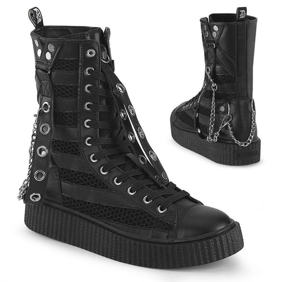 Demonia SNEEKER-325 Men's 1 1/2" Platform Rubber Lace-Up Front Mid-Calf Creeper Ankle Boots with Chains