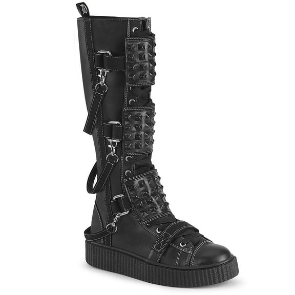 Demonia SNEEKER-410 Men's 1 1/2" Platform Rubber Sole Lace Up Front Knee High Creeper Sneaker Boots with Studs and Straps