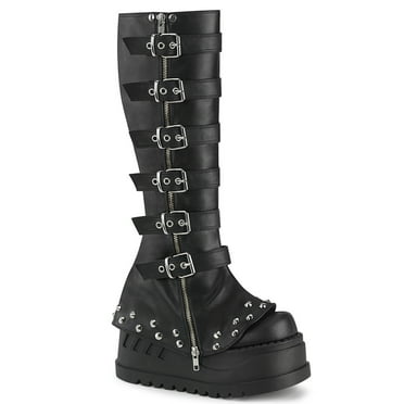 Demonia STOMP-223 Women's STOMP-223 4 3/4" WedgeDraped Platform Knee High Boots with Buckles