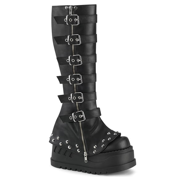 Demonia STOMP-223 Women's STOMP-223 4 3/4" WedgeDraped Platform Knee High Boots with Buckles