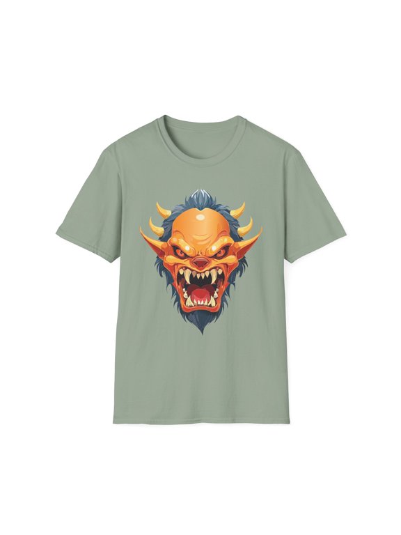 Demonic Oni Mask T-Shirt — Fierce Japanese Demon Face Cartoon Graphic Tee Unisex 100 Cotton Gildan T-Shirt