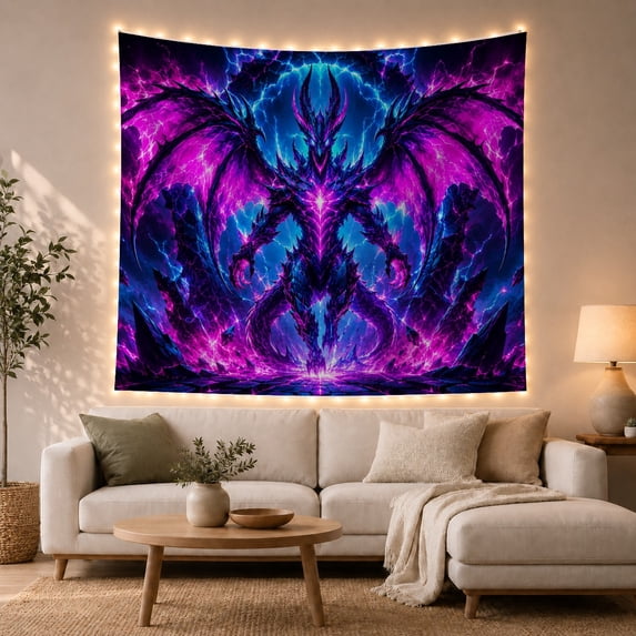 Demonic Winged Figure in Purple Lightning, Eerie Gothic Style for Dark Art Lovers, Fantasy Wall Art, Halloween Gift, Tapestry Wall Hanging for Bedroom and Game Room