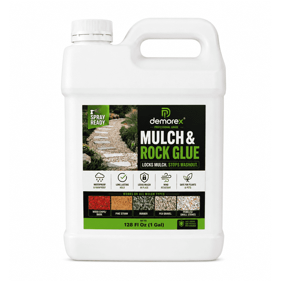Demorex Mulch Glue- Professional Landscape Adhesive for Rocks, Gravel, Bark & Mulch - Weather-Resistant, Non-Toxic, Plant & Pet Safe Garden Binder (1 Gallon)