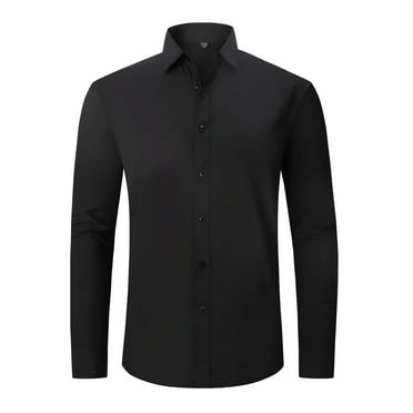 DEMOTIME Men's Formal Blouses Long Sleeve Wrinkle Free Stretch Business Button-Up Shirt L Black