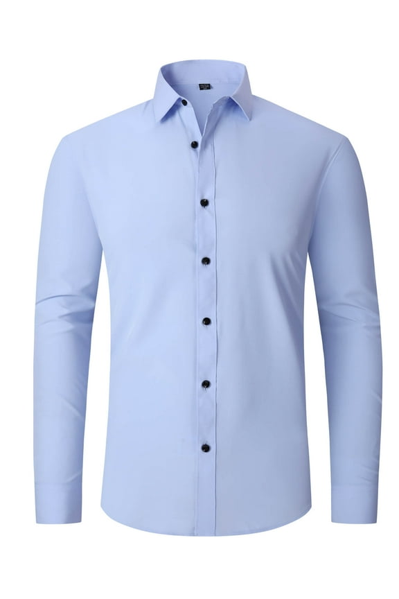 Men's Formal Blouses Long Sleeve Wrinkle Free Stretch Business Button-Up Shirt L Blue