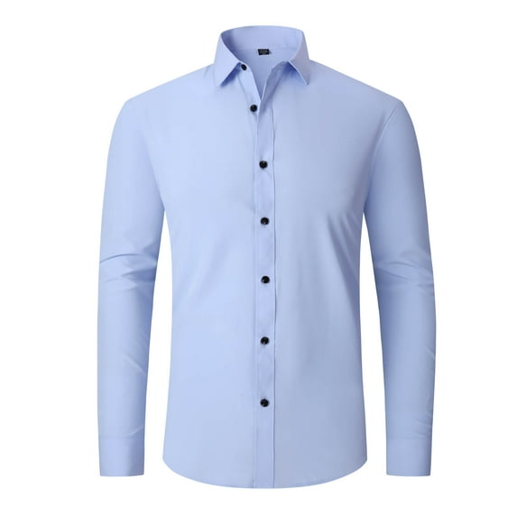 DEMOTIME Men's Formal Blouses Long Sleeve Wrinkle Free Stretch Business Button-Up Shirt L Blue
