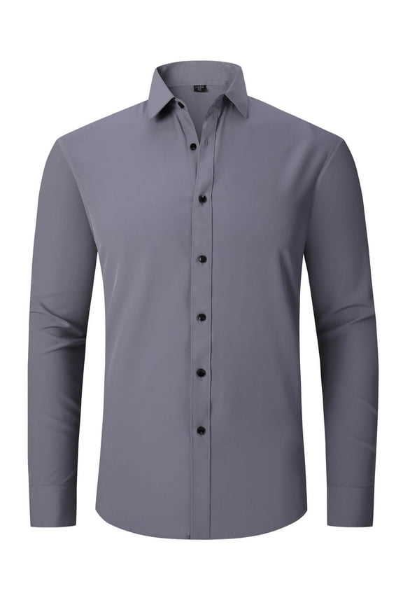 Men's Formal Blouses Long Sleeve Wrinkle Free Stretch Business Button-Up Shirt L Gray