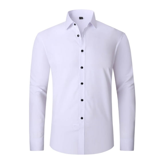 DEMOTIME Men's Formal Blouses Long Sleeve Wrinkle Free Stretch Business Button-Up Shirt L White
