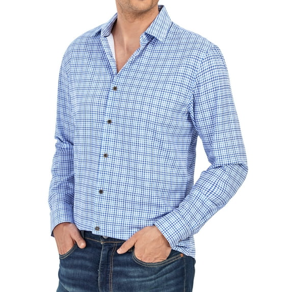 Demotime Men's Gingham Button Down Stretch Business Casual Blouse L Blue Plaid