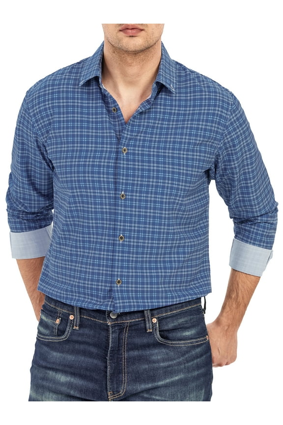 Men's Gingham Button Down Stretch Business Casual Blouse L Dark Blue Plaid