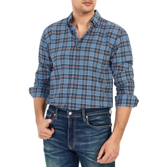 Demotime Men's Gingham Button Down Stretch Business Casual Blouse L Orange Plaid