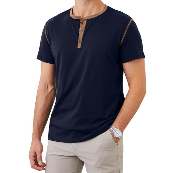 Demotime Men's Henley Shirts Short Sleeves Round Neck Casual Basic Shirt Summer Solid Color Lightweight Button T Shirts Royal Blue L Tops