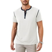 DEMOTIME Men's Henley Shirts Short Sleeves Round Neck Casual Basic Shirt Summer Solid Color Lightweight Button T Shirts White L Tops