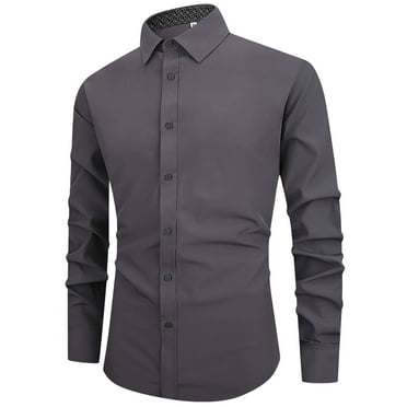 Demotime Mens Dress Shirts Long Sleeve Wrinkle-Free Business Casual Button Down Shirt Gray L