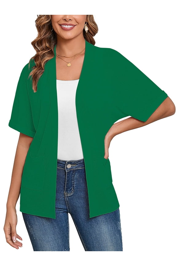 Women's Cardigans Open Front Short Sleeve Casual Lightweight Bolero Shrugs with Pockets Green L