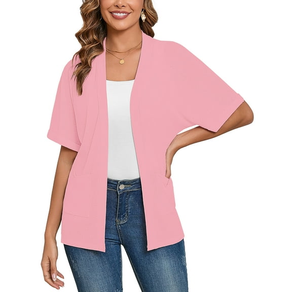Demotime Women's Cardigans Open Front Short Sleeve Casual Lightweight Bolero Shrugs with Pockets Pink L