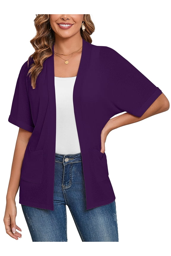 Women's Cardigans Open Front Short Sleeve Casual Lightweight Bolero Shrugs with Pockets Purple S