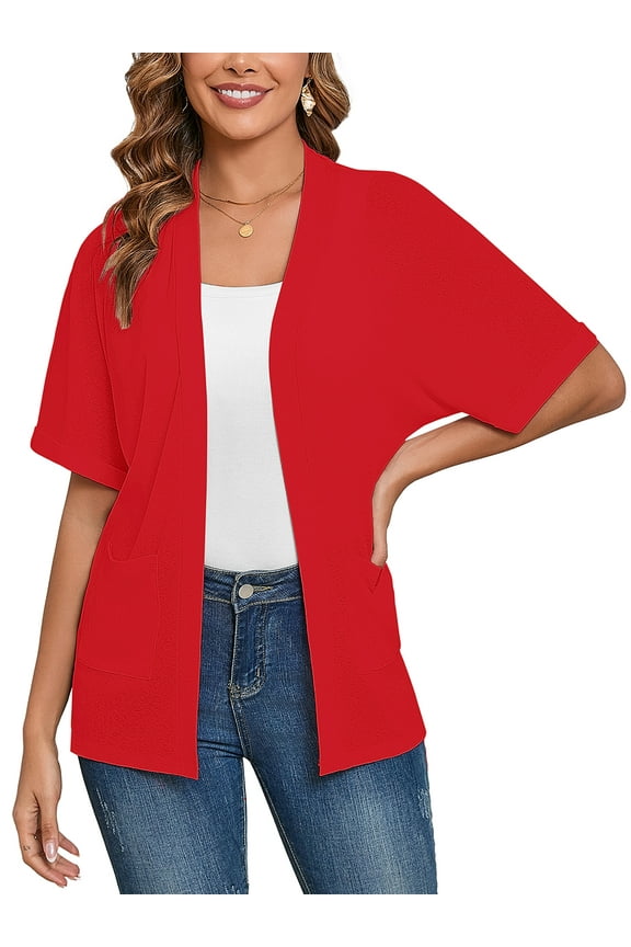 Women's Cardigans Open Front Short Sleeve Casual Lightweight Bolero Shrugs with Pockets Red XL