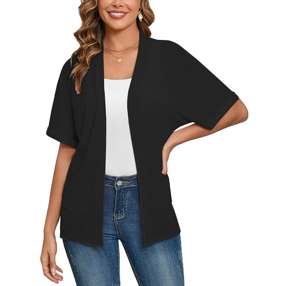 Demotime Women's Cardigans Open Front Short Sleeve Soft Casual Cover Up with Pockets Black L