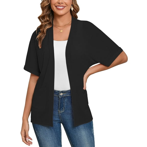 Demotime Women's Cardigans Open Front Short Sleeve Soft Casual Cover Up with Pockets Black L