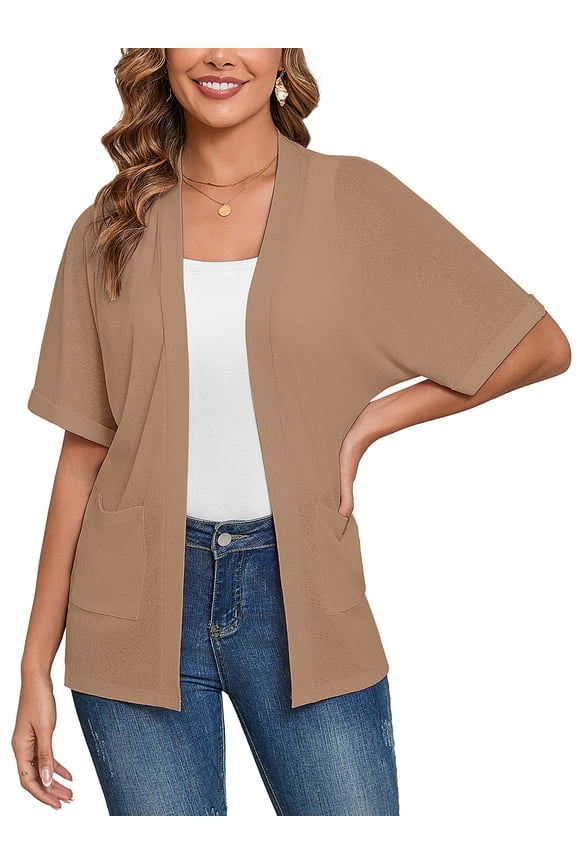 Women's Cardigans Open Front Short Sleeve Soft Casual Cover Up with Pockets Light Coffee M
