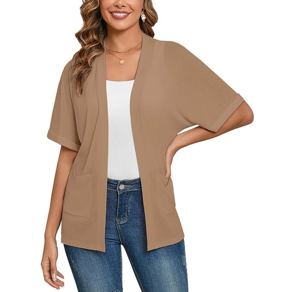 Demotime Women's Cardigans Open Front Short Sleeve Soft Casual Cover Up with Pockets Light Coffee M