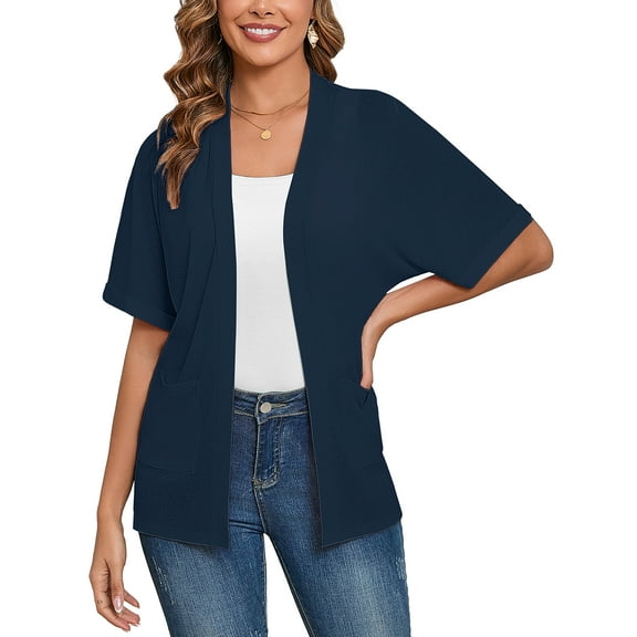 Demotime Women's Cardigans Open Front Short Sleeve Soft Casual Cover Up with Pockets Navy Blue L