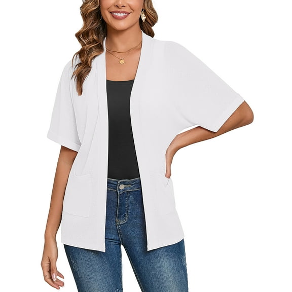 Demotime Women's Cardigans Open Front Short Sleeve Soft Casual Cover Up with Pockets White L