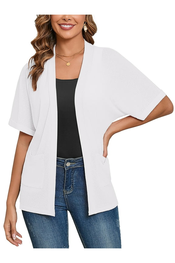 Women's Cardigans Open Front Short Sleeve Soft Casual Cover Up with Pockets White L