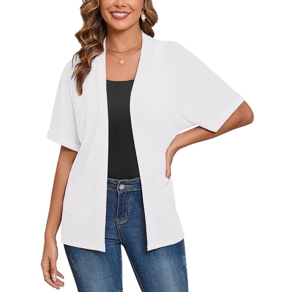Demotime Women's Cardigans Open Front Short Sleeve Soft Casual Cover Up with Pockets White M