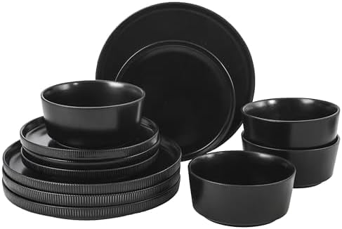 Dempsey Road 12-Piece Stoneware Dinnerware Set – Service for 4, Round Black Plates and Bowls, Durable Solid Color Modern Embossed Dish Set, Microwave & Dishwasher Safe