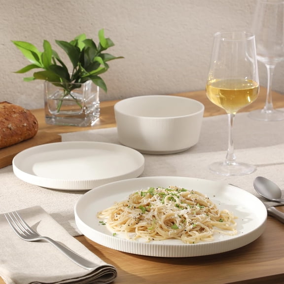 Dempsey Road 12-Piece Stoneware Dinnerware Set – Service for 4, Round White Plates and Bowls, Solid Color Modern Embossed Dish Set, Microwave & Dishwasher Safe