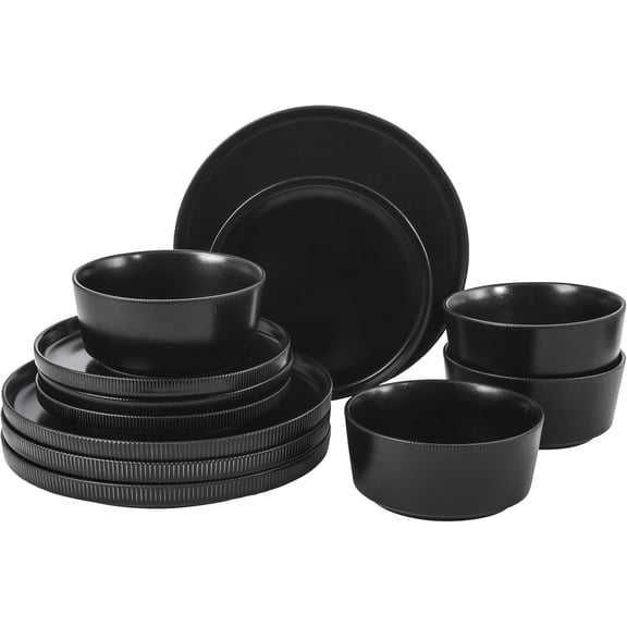 Dempsey Road Stoneware Dinnerware Set Black Vertical Stripe Design 12 Piece