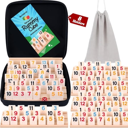 Demteric Rummy Cube Game 6-8 Players with Portable Travel Case, 214 Melamine Rummy Tiles & 8 Wooden Holders, Classic Family Strategy Board Game for Adults Kids
