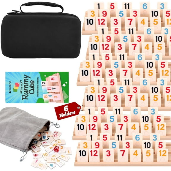 Demteric Rummy Cube Game 6 Players with Portable Travel Case, 162 Melamine Rummy Tiles & 6 Wooden Holders, Classic Family Strategy Board Game for Adults Kids