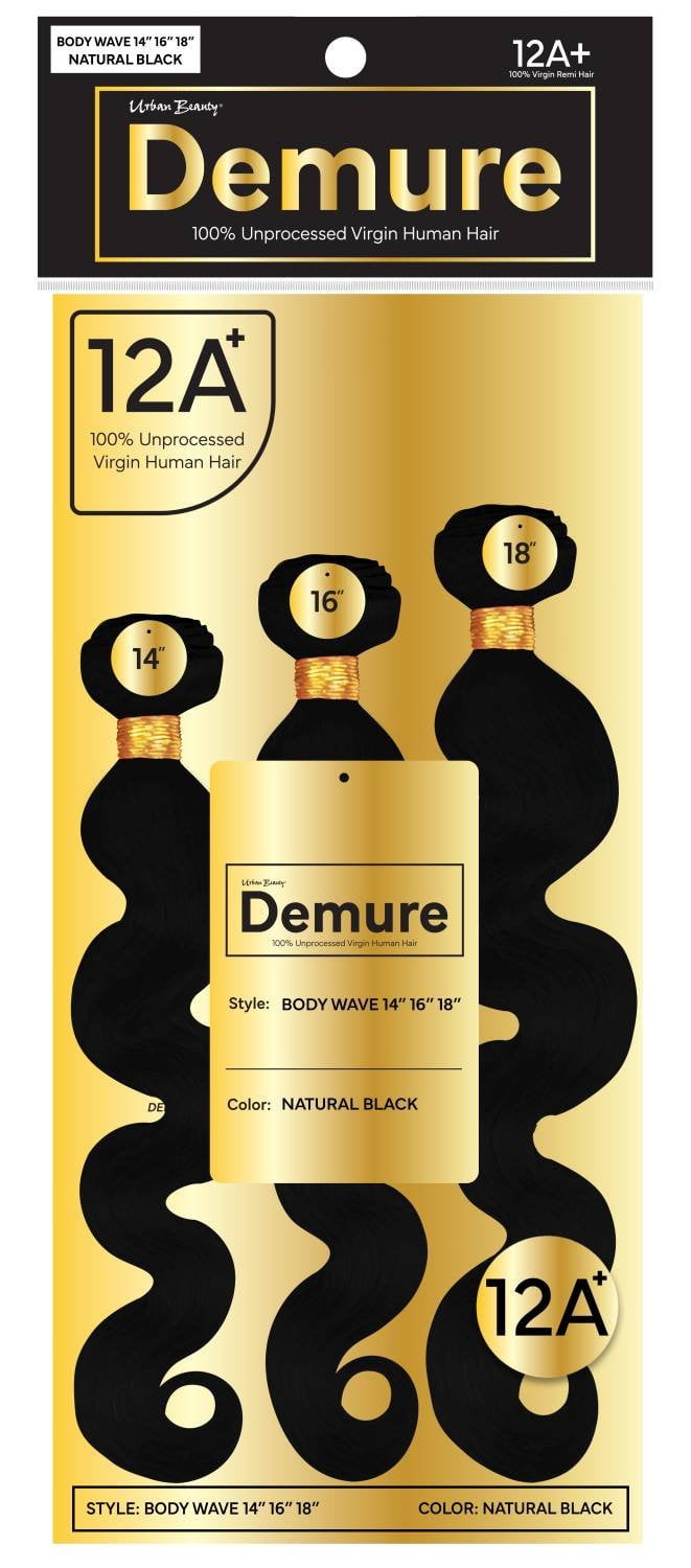 Demure 100% Human Hair Body Wave Bundle Set – 14"/16"/18", Natural Black, 12A Grade