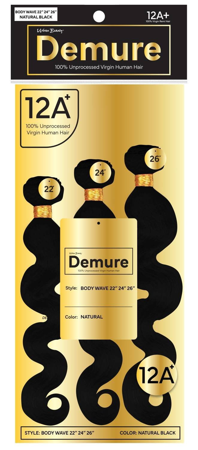 Demure 100% Human Hair Body Wave Bundle Set – 22"/24"/26", Natural Black, 12A Grade