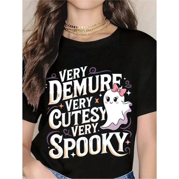 Very Demure Very Cutesy Very Spooky Ghost T-Shirt For Women - Cute Halloween Costume Shirt With Pastel Ghost Design, Perfect For Halloween Party, Cosplay, And Spooky Season Fashion