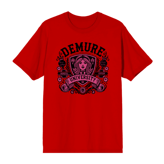 Demure University Adult Red Crew Neck Short Sleeve Tee-Medium