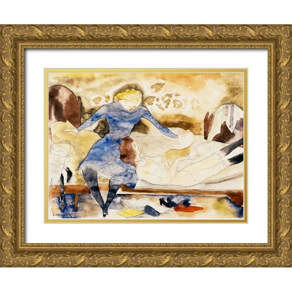 Demuth, Charles 32x25 Gold Ornate Wood Framed with Double Matting Museum Art Print Titled - Nana Visiting her Friend Satin
