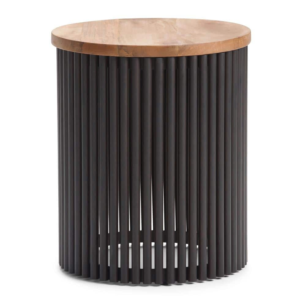 Natural Wood and Black Metal Round Accent Table